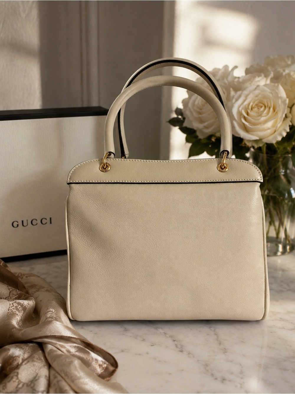 Gucci Vintage Leather Top Handle Satchel Bag Cream Ivory Gold Tone Hardware